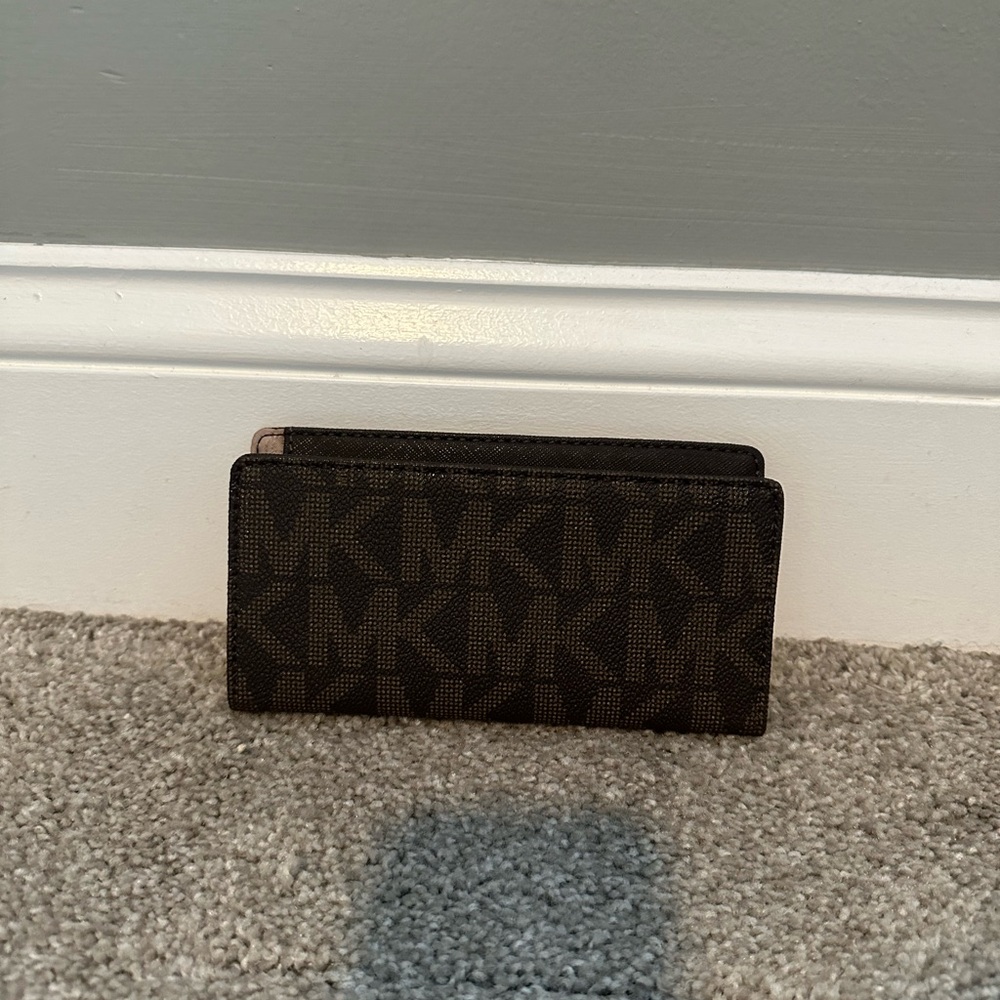 Michael Kors Brown MK Signature Logo Pattern Bi Fold PVC Checkbook Cover